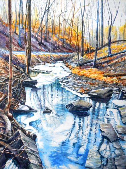 479x640 Realism In Watercolor Early Winter Landscape, Bucks County Pa - Winter Landscape Watercolor Paintings