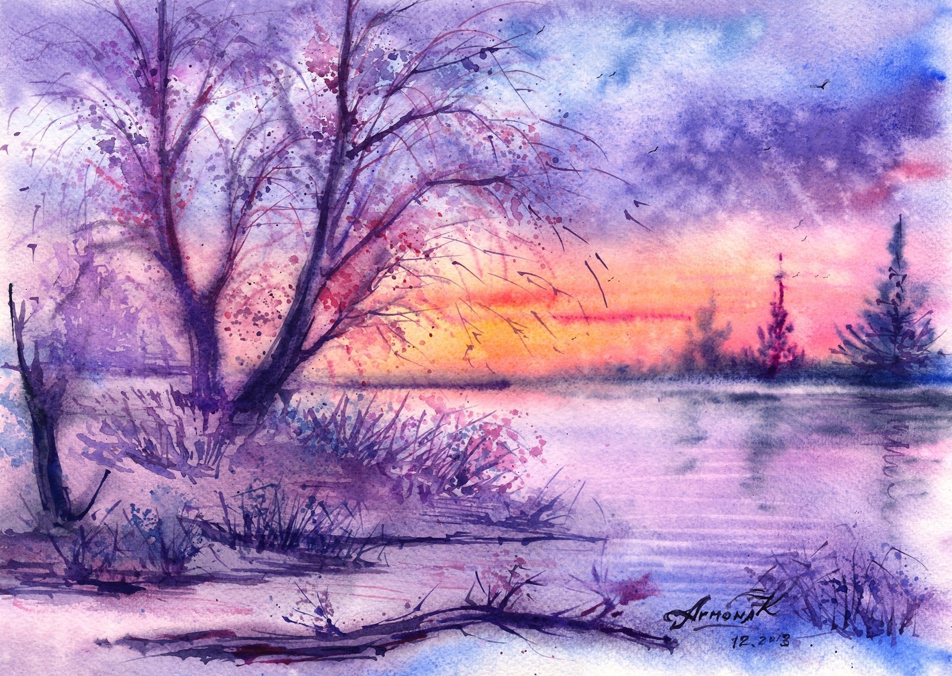 1920x1364 Painted Landscape Watercolor Tree River Winter Birds Hd Wallpaper - Winter Landscape Watercolor Paintings