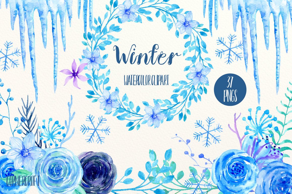 1160x772 Blue Flower Clip Art, Winter, Watercolor Blue Amp Purple Roses - Winter Watercolor