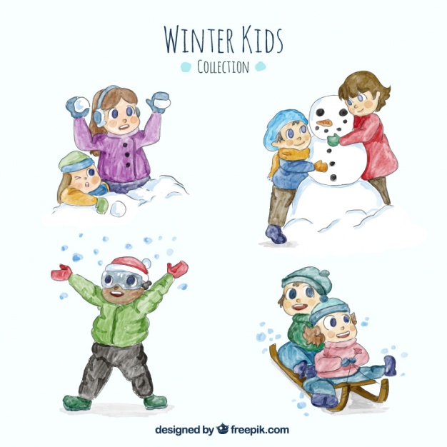 626x626 Pack Of Children Enjoying The Winter In Watercolor Effect Vector - Winter Watercolor For Kids