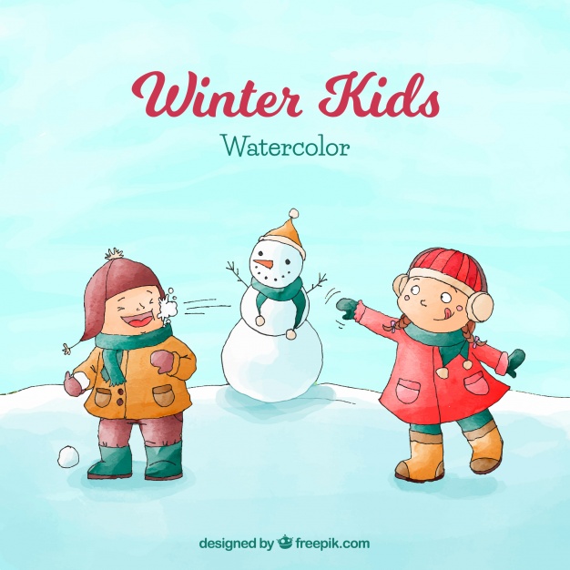 626x626 Watercolour Winter Background With Kids And A Snowman Vector - Winter Watercolor For Kids