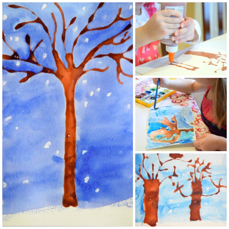 750x750 Winter Trees Craft Glue And Watercolor Resist What Can We Do - Winter Watercolor For Kids