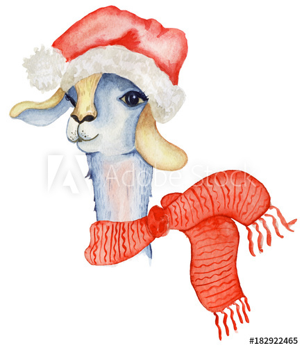 435x500 Christmas Lama Illustration With Santa Hat And Scarf Winter - Winter Watercolor For Kids