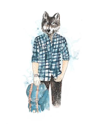 375x475 Martin Watercolor Wolf Portrait In Checked Shirt Drawing By Agnes - Wolf Watercolor