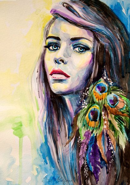 424x600 Peacock Girl Watercolor Painting Print By Slaveika Aladjova - Woman Watercolor Paintings