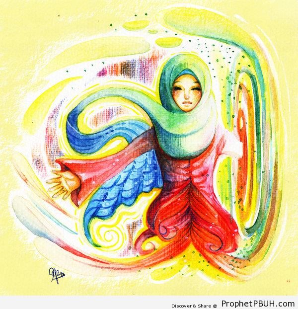 600x622 Hijabi Muslim Woman Watercolor Paintings Drawings Prophet Pbuh - Woman Watercolor Paintings