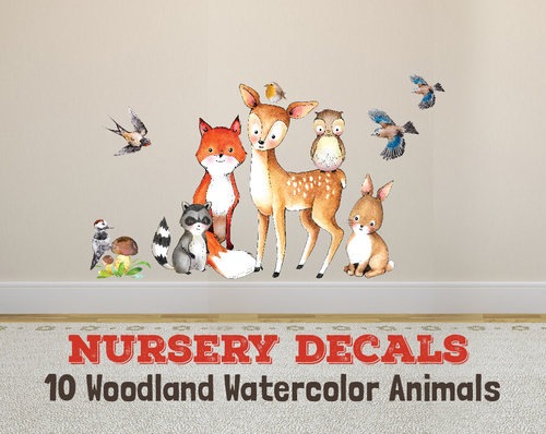 500x398 Wall Decal Nursery Fox Amp Friends 10 Woodland Watercolor Animals - Woodland Animals Watercolor