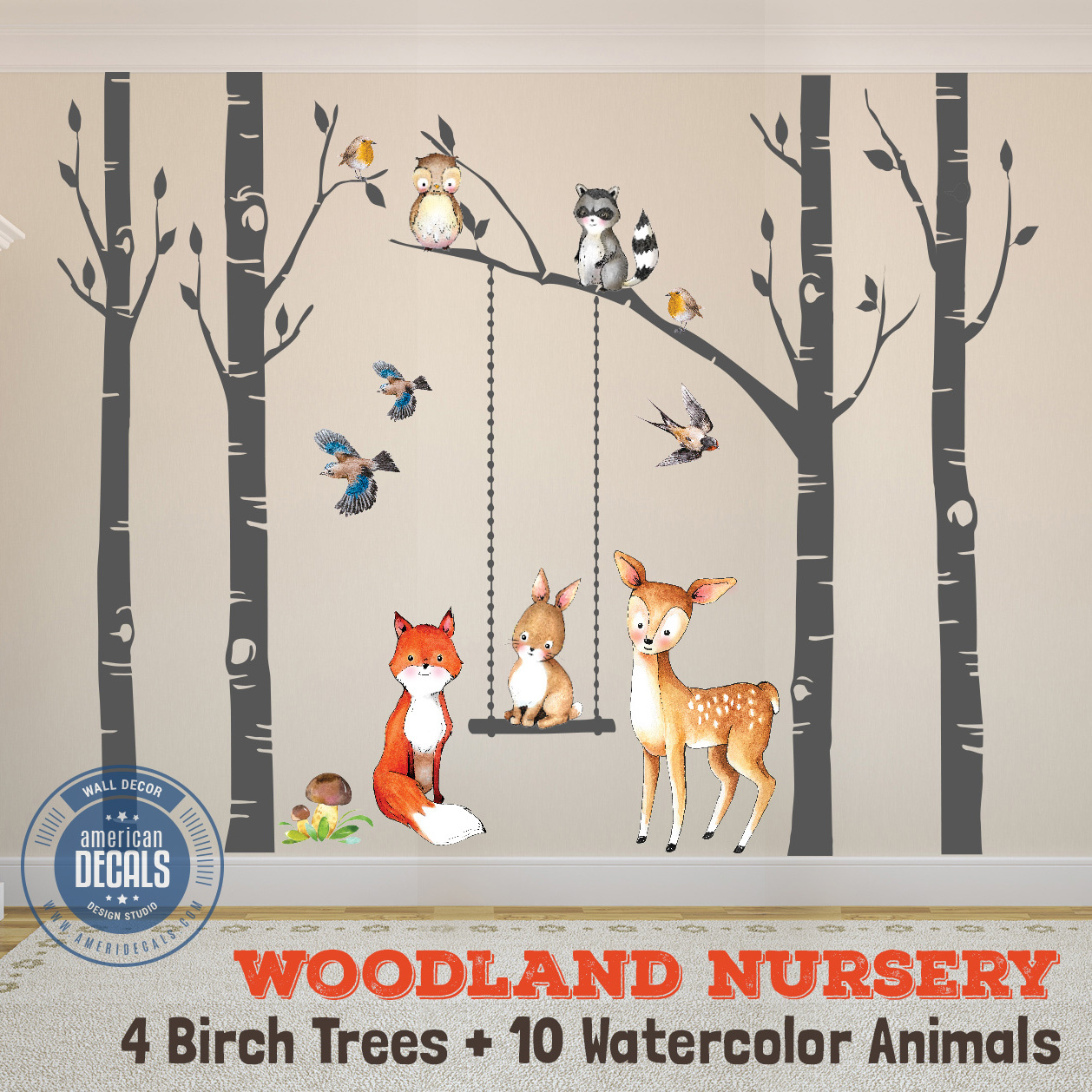 1258x1258 Wall Decal Nursery Fox Amp Friends 4 Trees Woodland Watercolor Animals - Woodland Watercolor