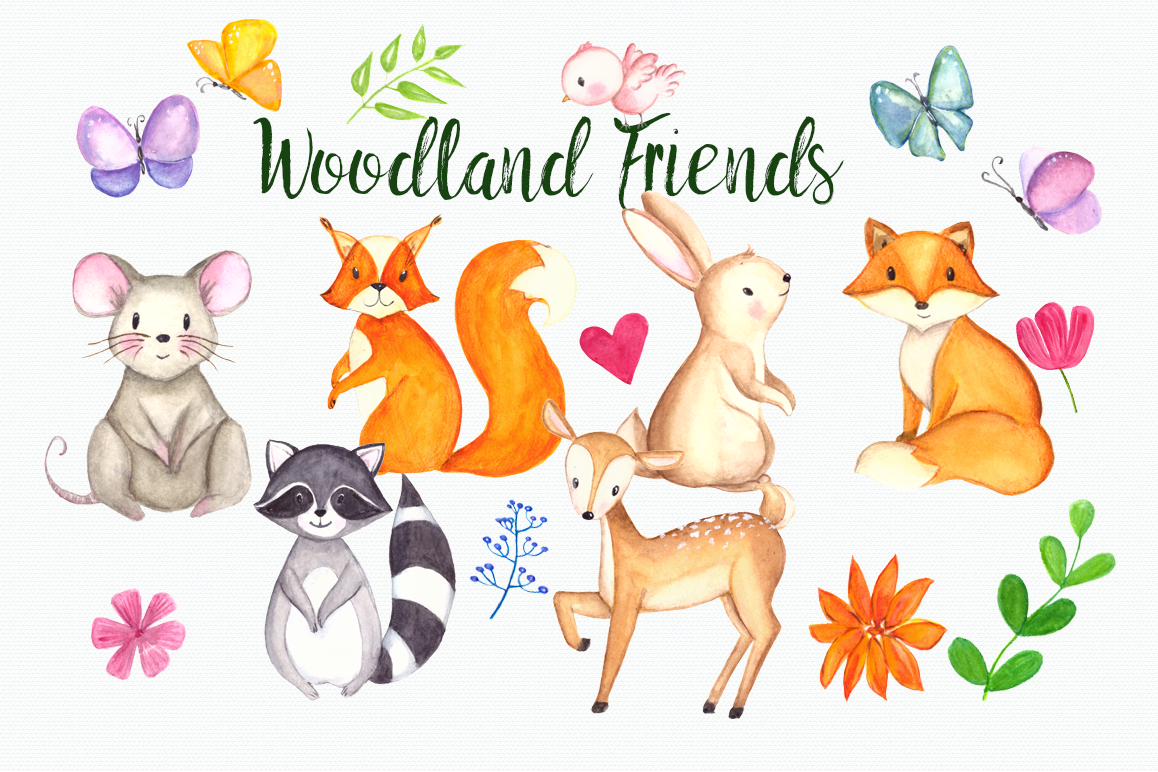 1158x772 Woodland Friends Watercolor Clip Art Set - Woodland Watercolor