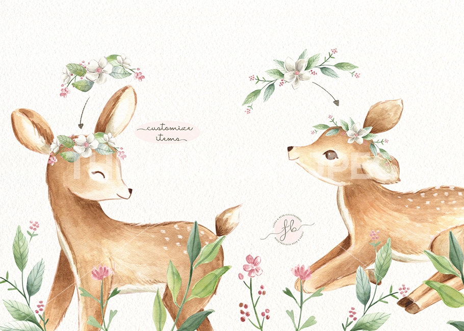 910x649 Baby Deers Woodland Watercolor Clipart Set By Flora Amp Bear - Woodland Watercolor