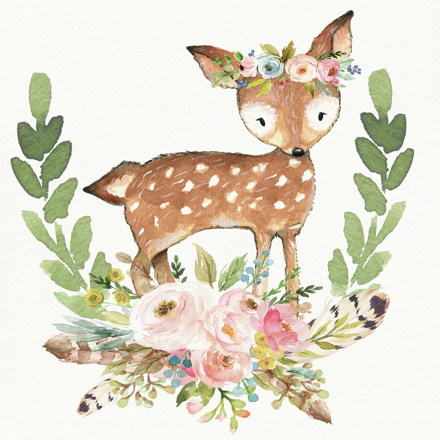 900x900 Boho Woodland Tribal Deer Watercolor Feathers Digital Art By Pink - Woodland Watercolor