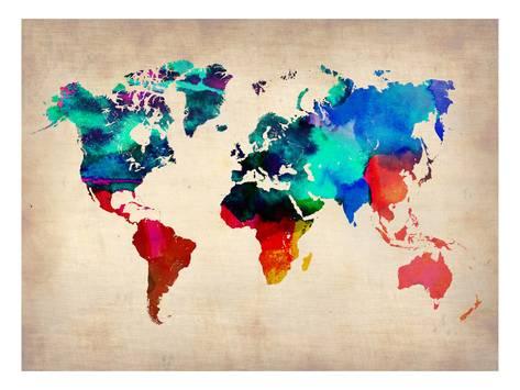 473x355 World Watercolor Map 1 Prints By Naxart - World Watercolor