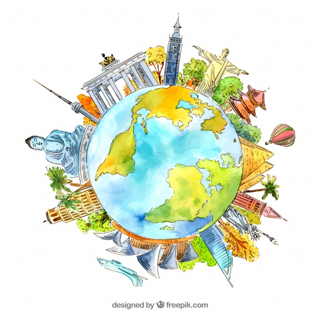 626x626 World With Landmarks Background In Watercolor Style Vector Free - World Watercolor