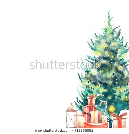 450x470 Christmas Tree Card Template Watercolor Hand Drawn Holiday Frame - Xmas Watercolor