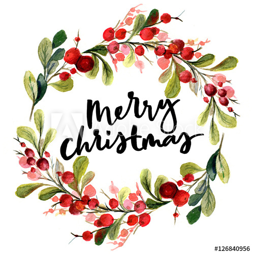 498x500 Christmas Card. Watercolor Painting With Hand Lettering. Berry - Xmas Watercolor