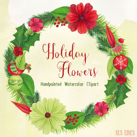 570x570 Watercolor Christmas Clipart Xmas Graphics Holiday Wreath Etsy - Xmas Watercolor