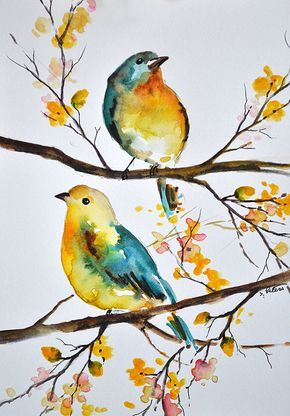 290x416 Original Watercolor Bird Painting, Colorful Aqua Blue Yellow Birds - Yellow Bird Watercolor