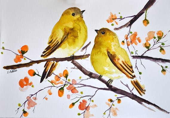 570x394 Original Watercolor Bird Painting Yellow Birds With Orange Etsy - Yellow Bird Watercolor
