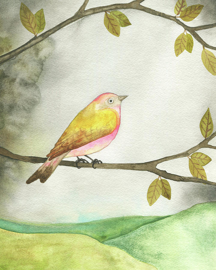 719x900 Pink Yellow Bird Painting By Clary Sage Moon - Yellow Bird Watercolor
