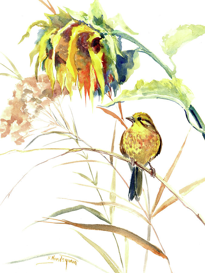 675x900 Yellow Bird And Flower, Sunflower And Yellowhammer Painting By - Yellow Bird Watercolor