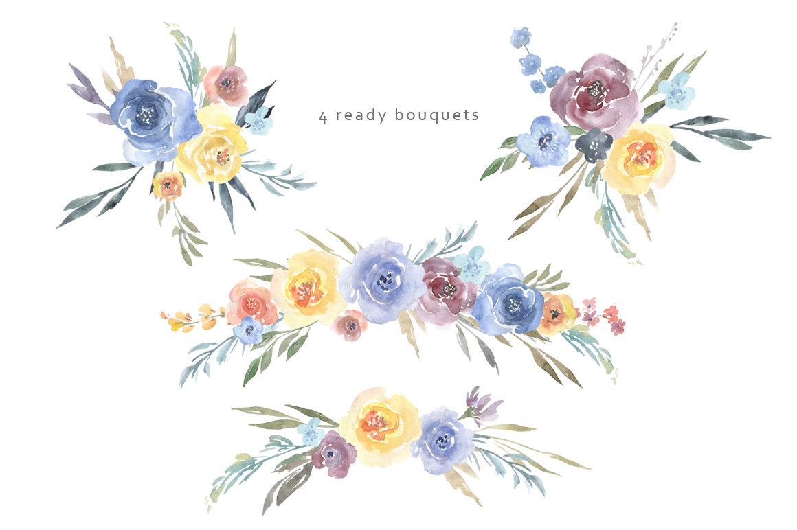 1160x772 Watercolor Blue Yellow Flowers Bouquets Png By Watercolorflowers - Yellow Watercolor Flowers