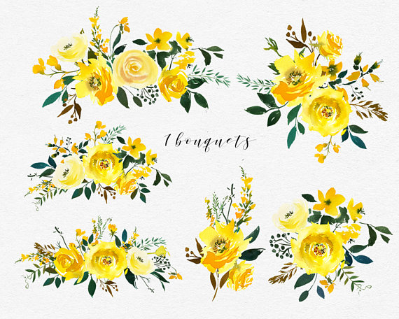 570x456 Yellow Watercolor Flowers Peonies Roses Clipart Set Wedding Floral - Yellow Watercolor Flowers