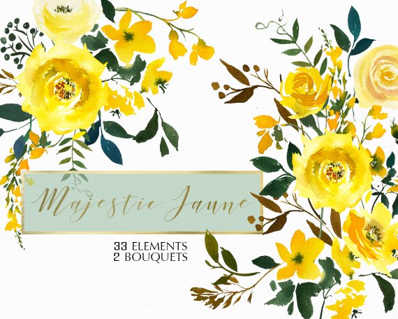 570x456 Yellow Watercolor Flowers Roses Clipart Set Wedding Floral Etsy - Yellow Watercolor Flowers