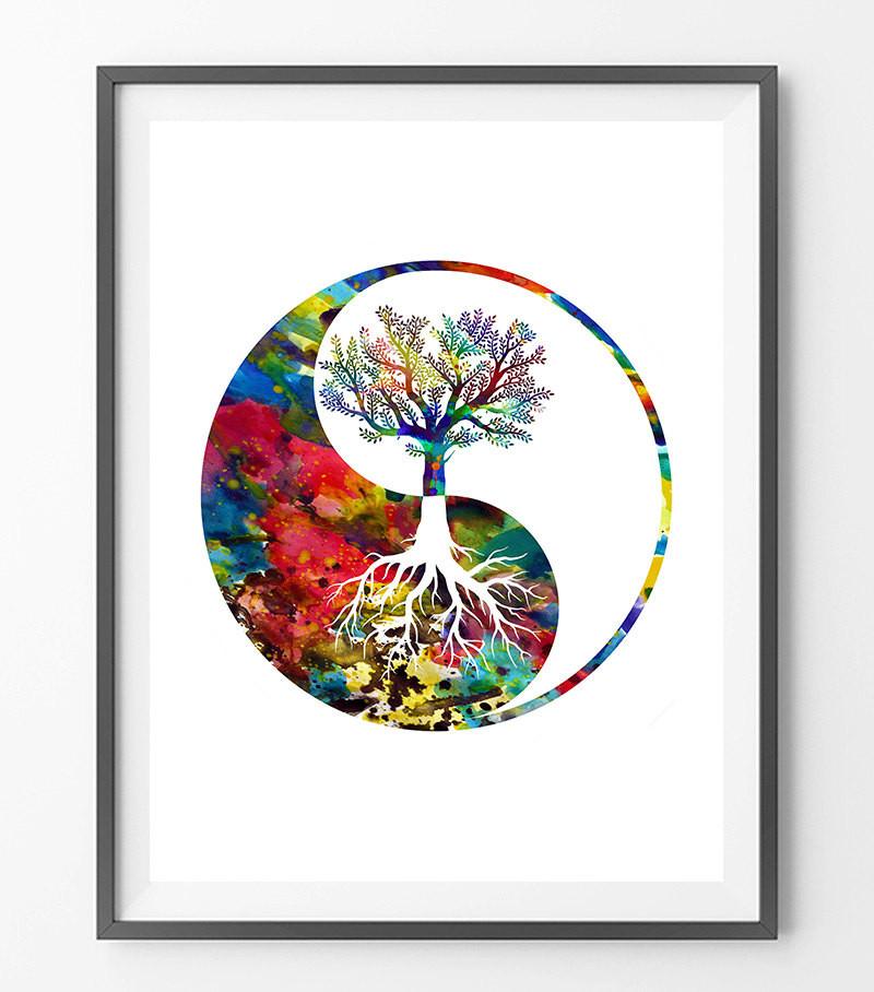 800x908 Yin Yang Tree Watercolor Print, Tree Of Life Mimiprints - Yin Yang Watercolor