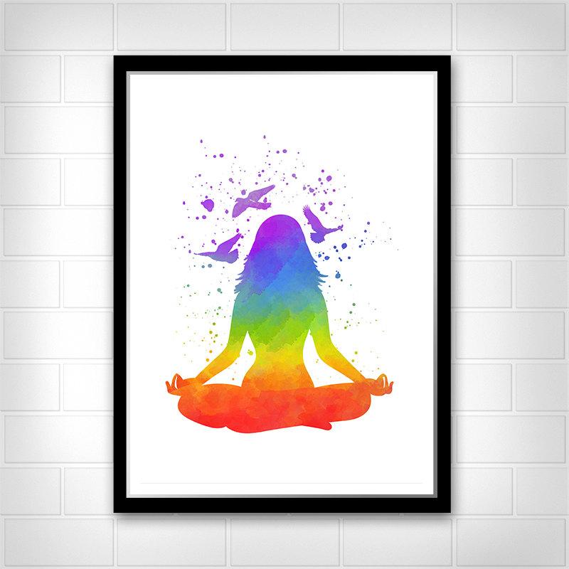 800x800 Yoga Print, Rainbow Watercolor Woman Lotus Yoga Pose, Wall Art - Yoga Watercolor