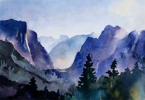 500x346 Watercolor By Osamu Yosemite Valley In Blue - Yosemite Watercolor