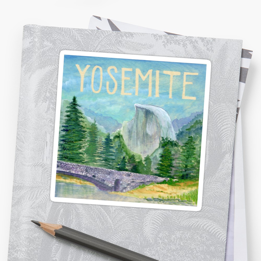 1000x1000 Yosemite Watercolor On Wood Block Stickers By Jaxmarie Redbubble - Yosemite Watercolor