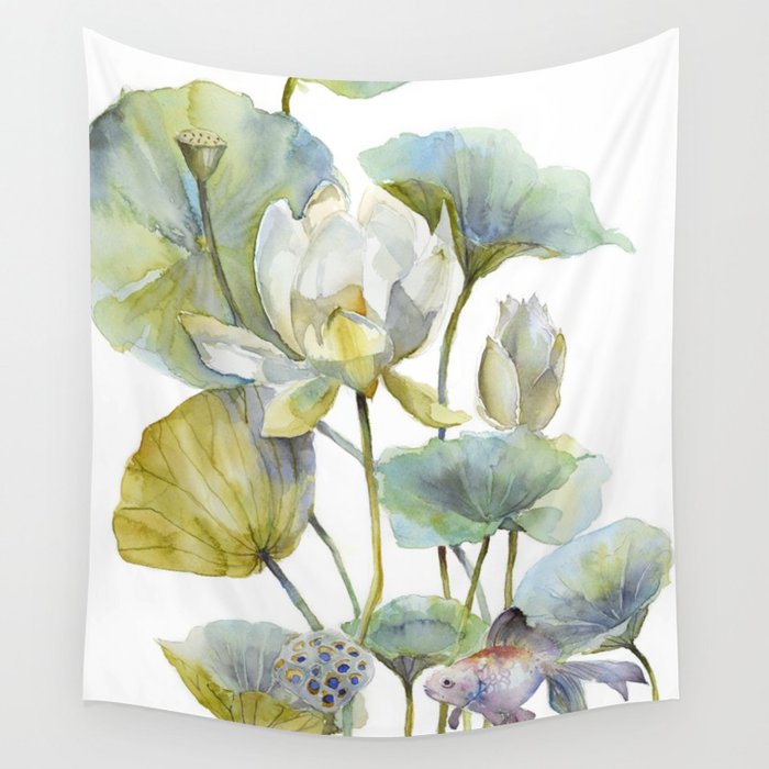 700x700 Lotus Plant And Fish Zen Design Watercolor Muted Pallet Botanical - Zen Watercolor