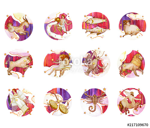 500x426 Set Of Twelve Signs Of The Zodiac, Watercolor In Retro Style - Zodiac Watercolor