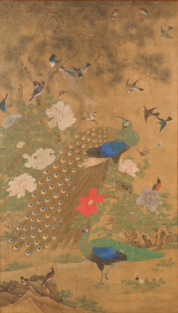 582x1024 Beautiful Paintings Mekata Morimichi 100 Birds Admiring Peacock 1860 - 100 Birds Painting