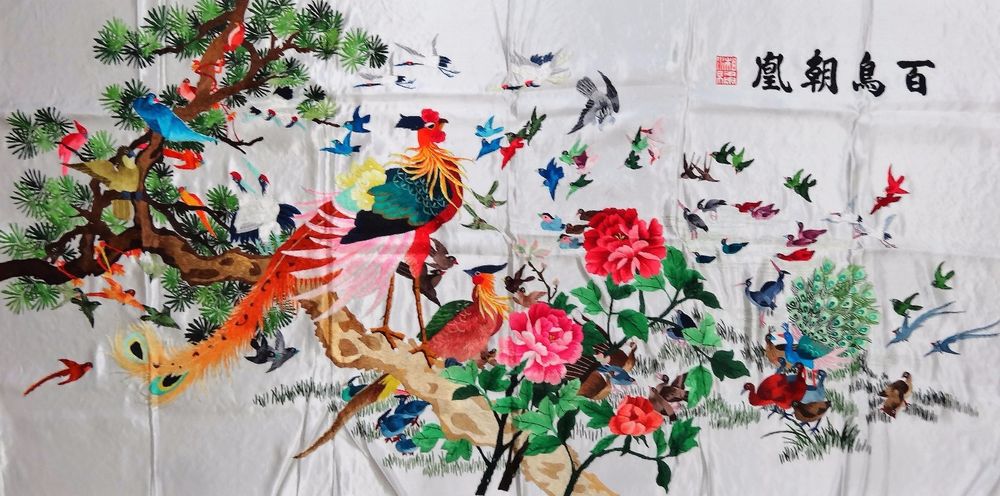 1000x496 Xale De Seda Bordado - 100 Birds Painting