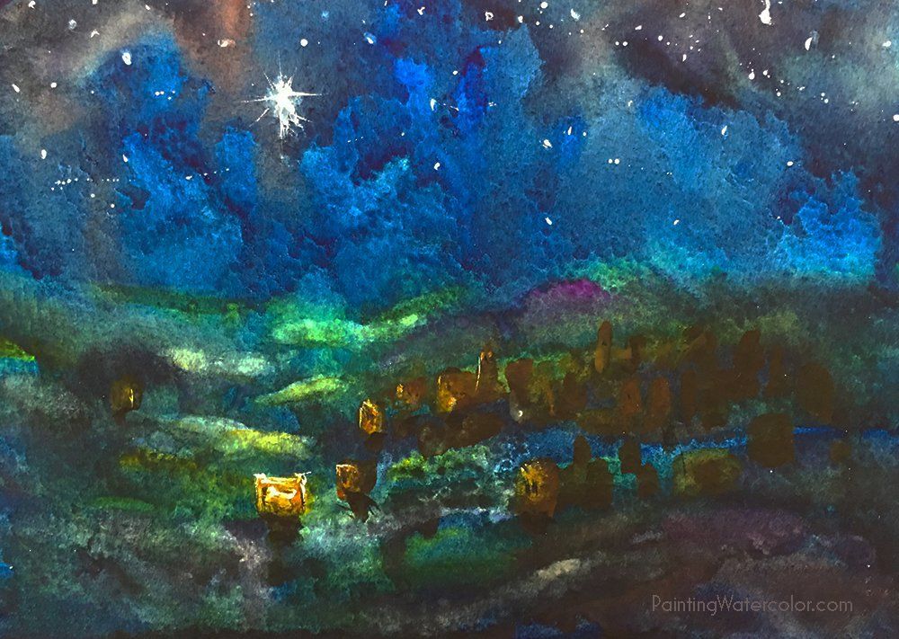 1000x711 12 Days Of Christmas Cards, Starry Night Done In Watercolor - 12 Days Of Christmas Painting