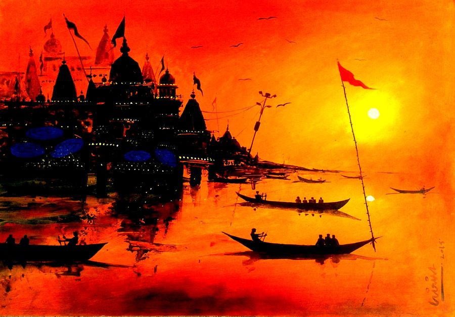 900x626 Varanasi Ghat 12 Painting By Artist Girish Chandra Vidyaratna - 12 Painting