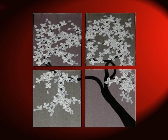 570x476 Tree Painting Original Silver And Lilac Flowering Branch Modern - 16x20 Canvas Painting