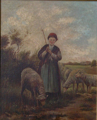 325x400 Antique 1800's Original Oil Painting, Pastoral Scene Shepherdess - 1800s Painting