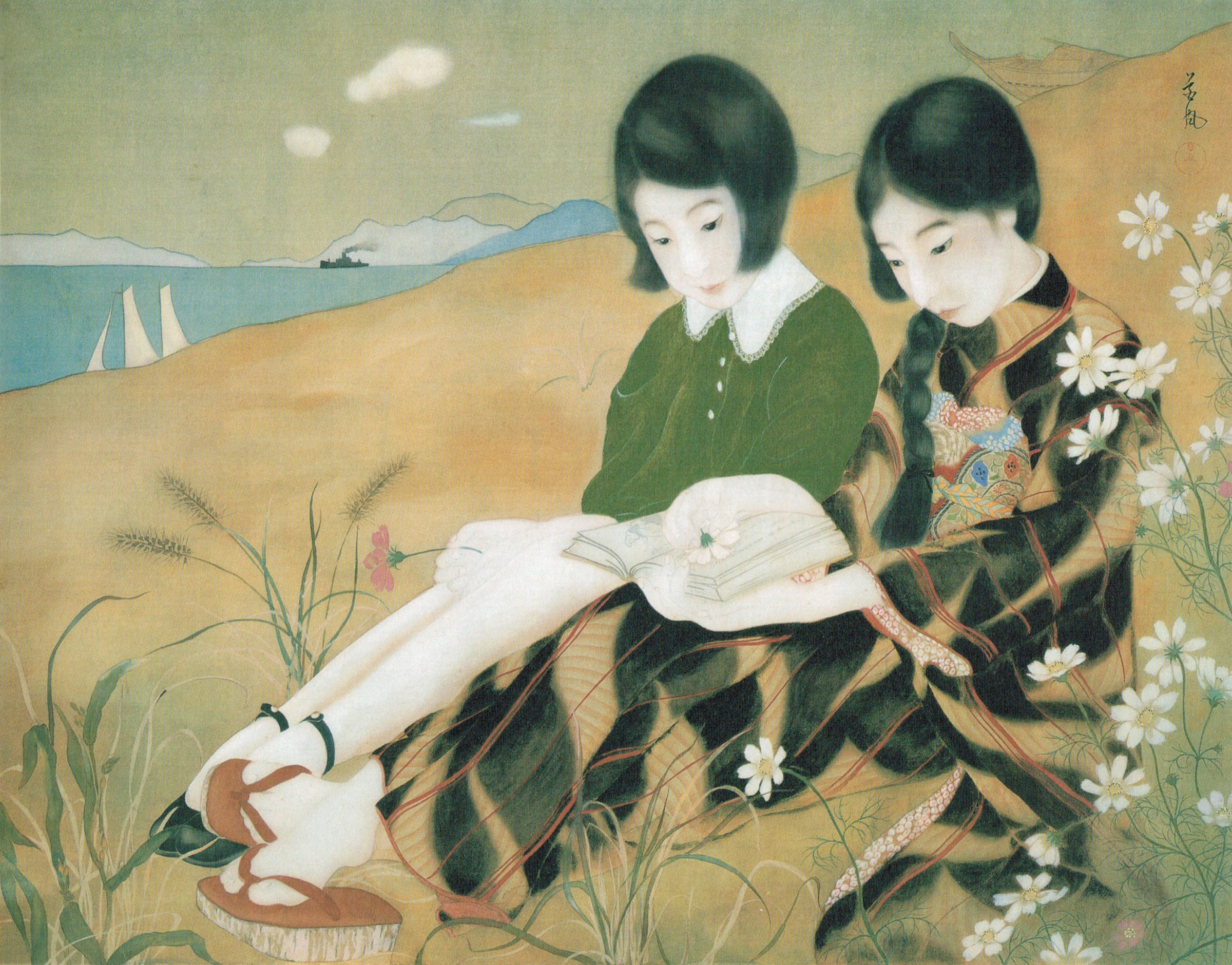 2400x1880 File'Two Girls By The Sea' Signed Kafu, Painting On Silk, C. Mid - 1920s Painting