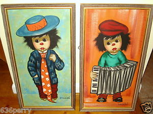300x223 Bollini Signed Pair Oil Paintings Boy Amp Girl Clown Children - 1950 Painting