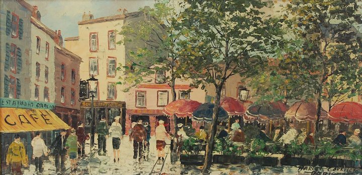 720x348 1950 Paris Street Scene Oil Painting Folks In Vintage Clothing - 1950 Painting