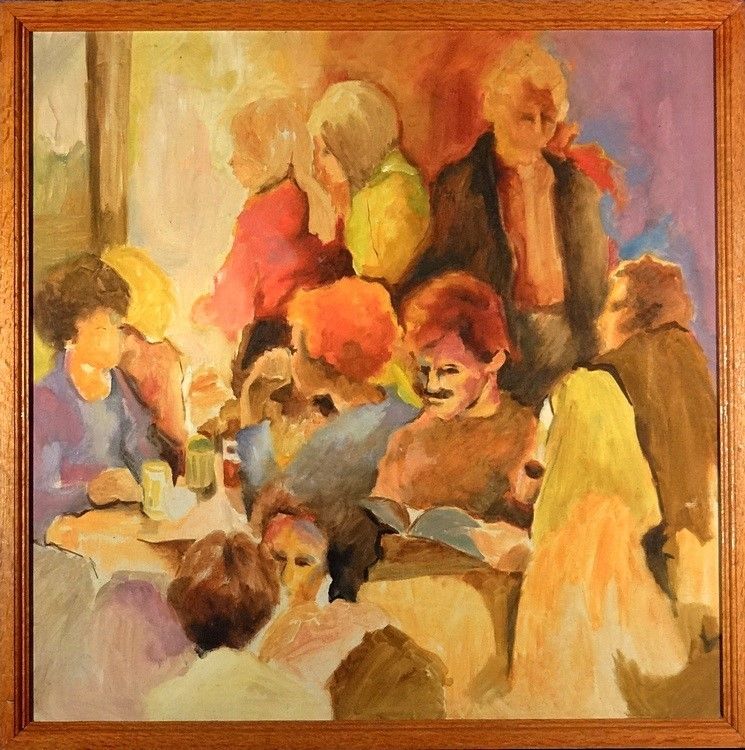 745x750 Superb Ca.1950 Crowded Cafe Scene Impressionist Oil Painting - 1950 Painting