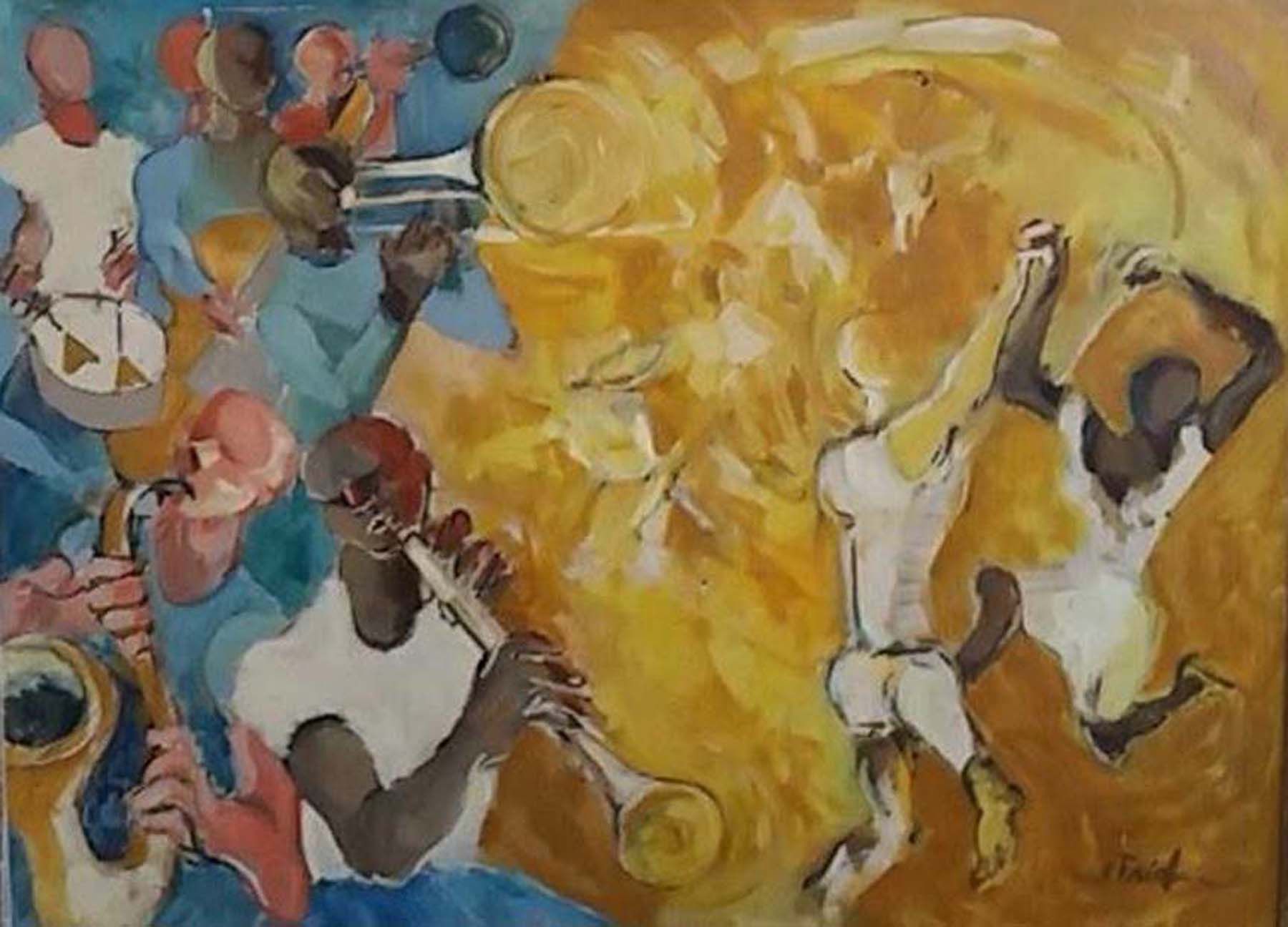 1800x1296 Emil Friedman American Jazz Session Oil 1950s Painting Modernism - 1950s Painting