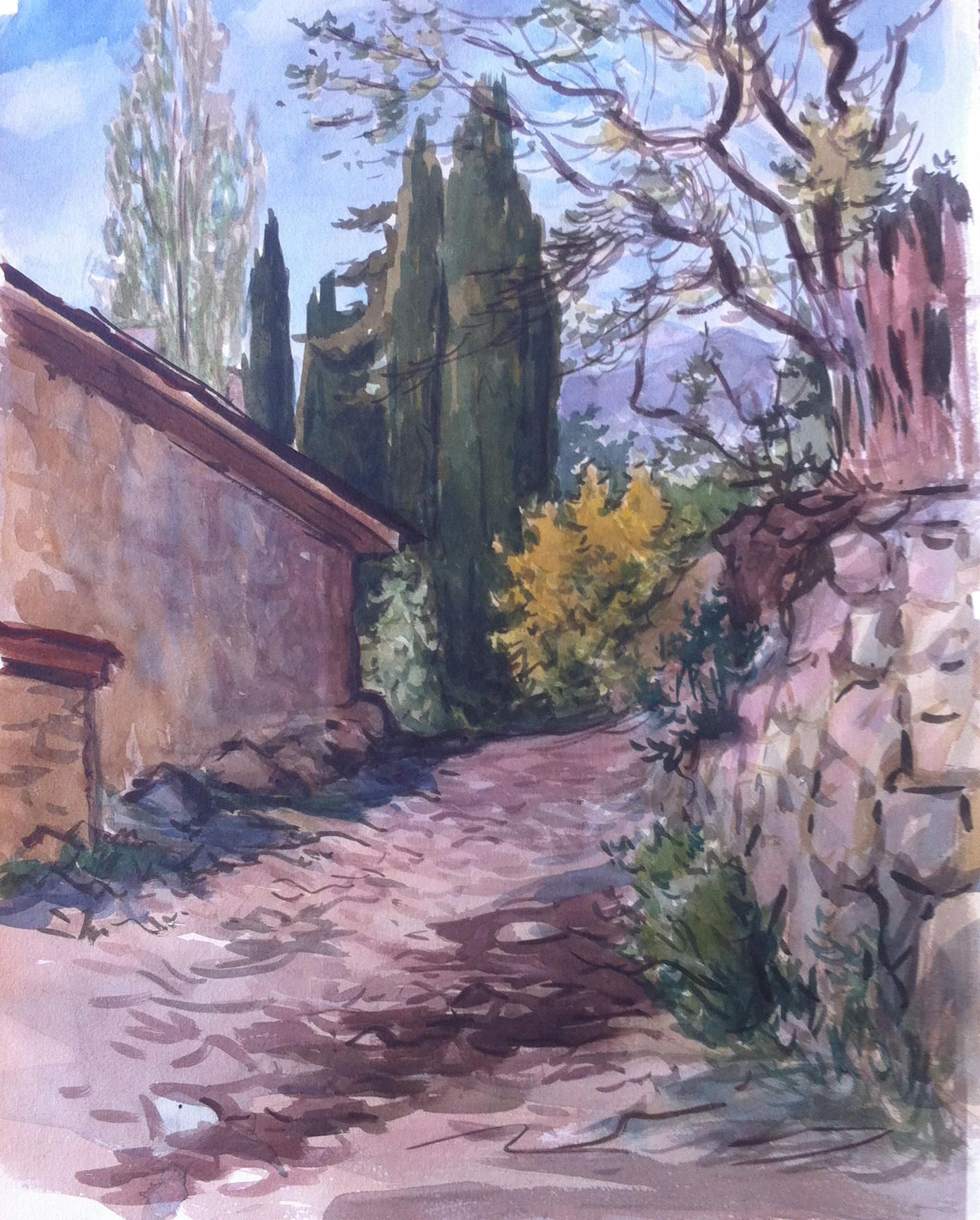 1432x1782 Russian Vintage Mountain Road Original Watercolor 50s Cypress Tree - 1950s Painting