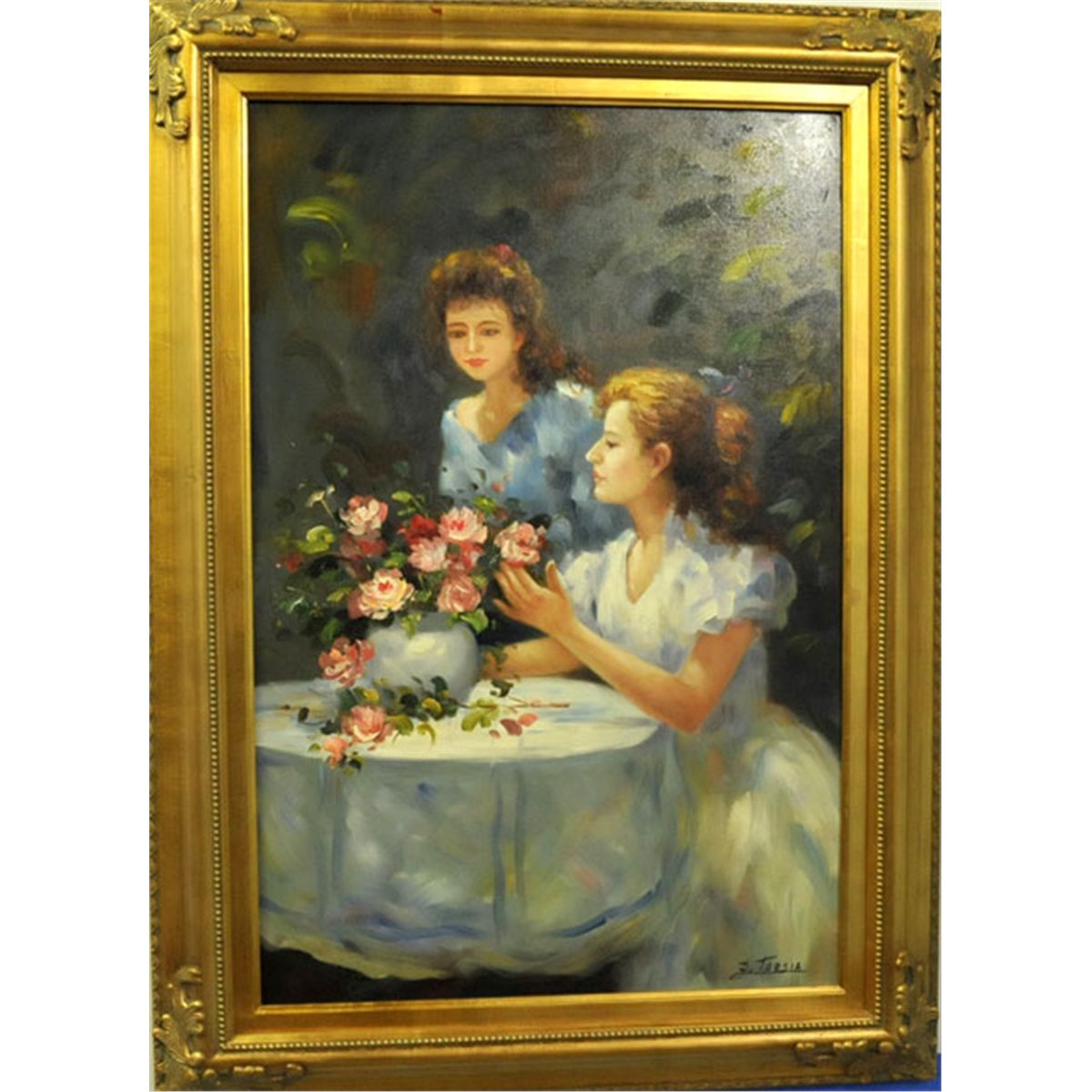 1200x1200 Framed Oil Painting 2 Girls Amp A Vase Of Flowers - 2 Girls Painting