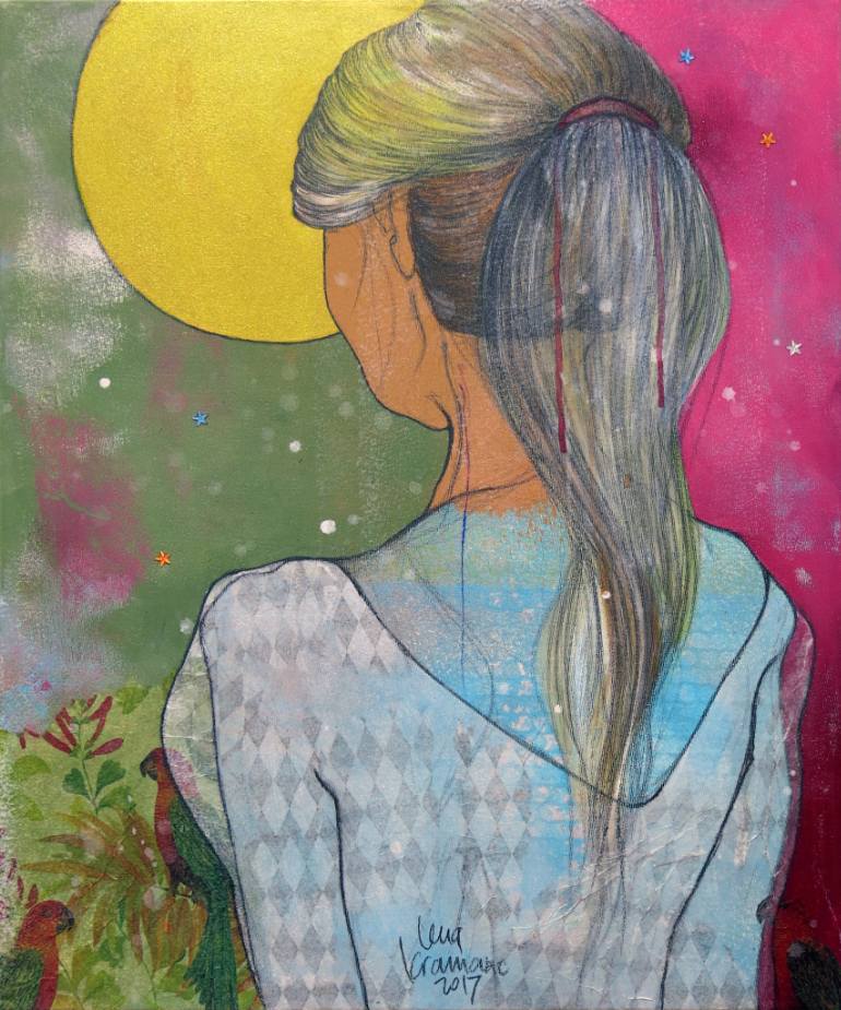 770x925 Saatchi Art Painted Girls 2 (Golden Moon And Parrot) Painting By - 2 Girls Painting