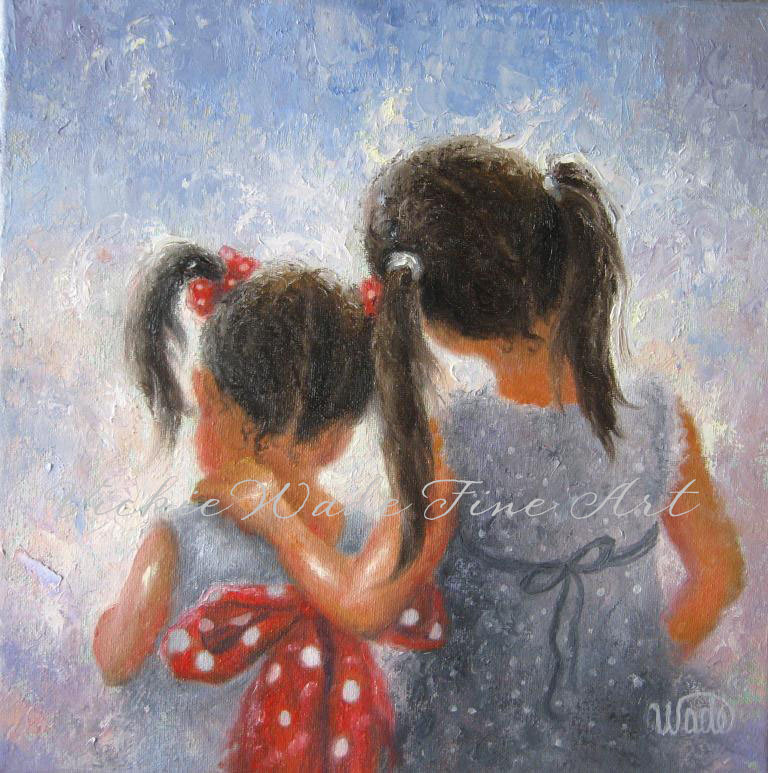 768x773 Two Sisters Art Print Two Girls Loving Sisters Childrens - 2 Girls Painting
