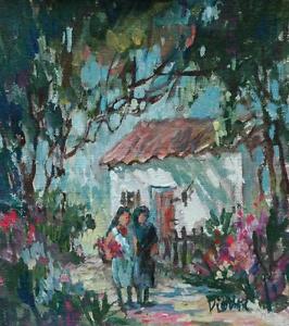 266x300 Vintage Small Work Oil On Board Of 2 Girls In Garden Listed Artist - 2 Girls Painting