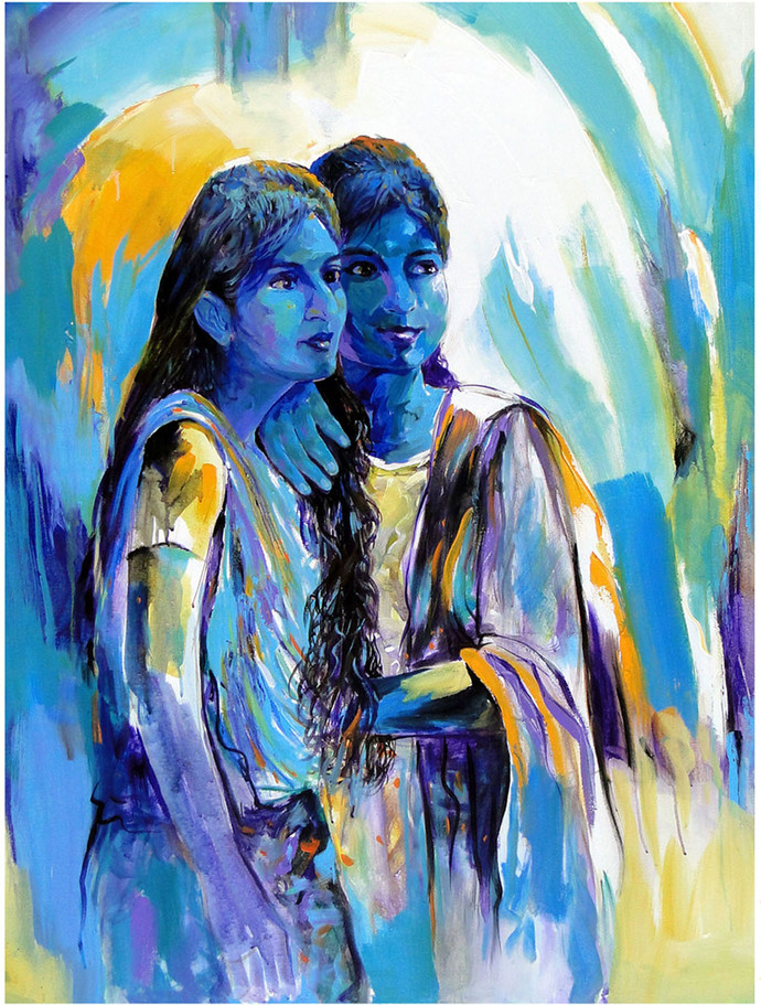 690x911 Two Sisters By Artist Ranjan Kumar Expressionism, Painting - 2 Sisters Painting